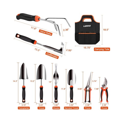 LANNIU Set di Attrezzi da Giardino, 9 Pezzi Set di Attrezzi da Giardinaggio Resistente in Acciaio Inox... - Foto 2 di 9