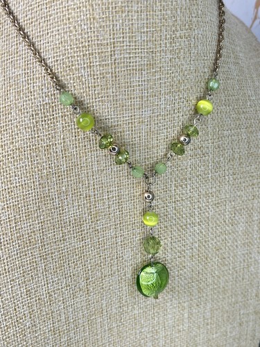 Green Mixed Glass & Acrylic Bead Y Drop Gold Tone Chain Link Necklace 150 - Picture 6 of 13