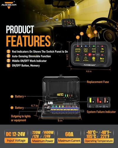 Auxbeam 8 Gang Switch Panel RGB Toggle Momentary for Truck SUV UTV ATV Marine RV - Picture 12 of 12