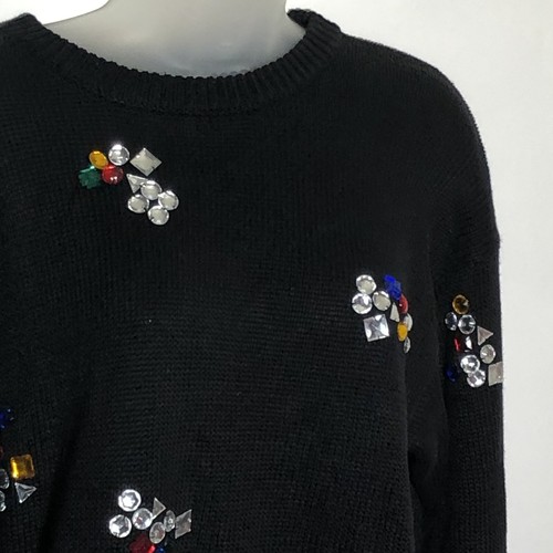 Suéter Vintage Para Mujer Negro Adornado Coloridas Cuentas Mediano Pullover Fiesta - Imagen 8 de 12