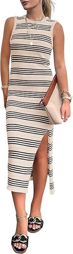 Women's Bodycon Sundress Midi Sleeveless Knit Side Slit Striped Long Tank Dress - Picture 1 of 12