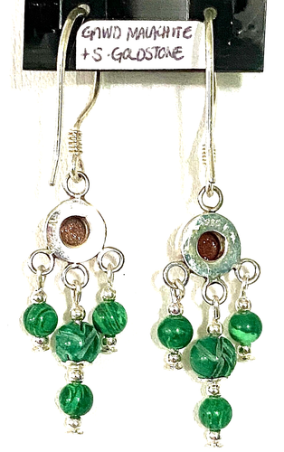 MALACHITE AND GOLDSTONE EARRINGS 48mm 925 STERLING SILVER "NEW" AUZ MADE SE49 - Picture 2 of 2