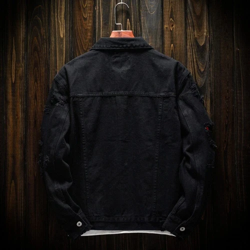 Mens Denim Jacket Button Hip Hop Bomber Jacket Hole Casual Cotton Jean Jacket - Picture 5 of 26
