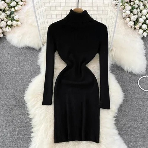 Elegant Turtleneck Long Sleeve Knit Bodycon Pencil Dress Slim Basic Fashion - Picture 37 of 38