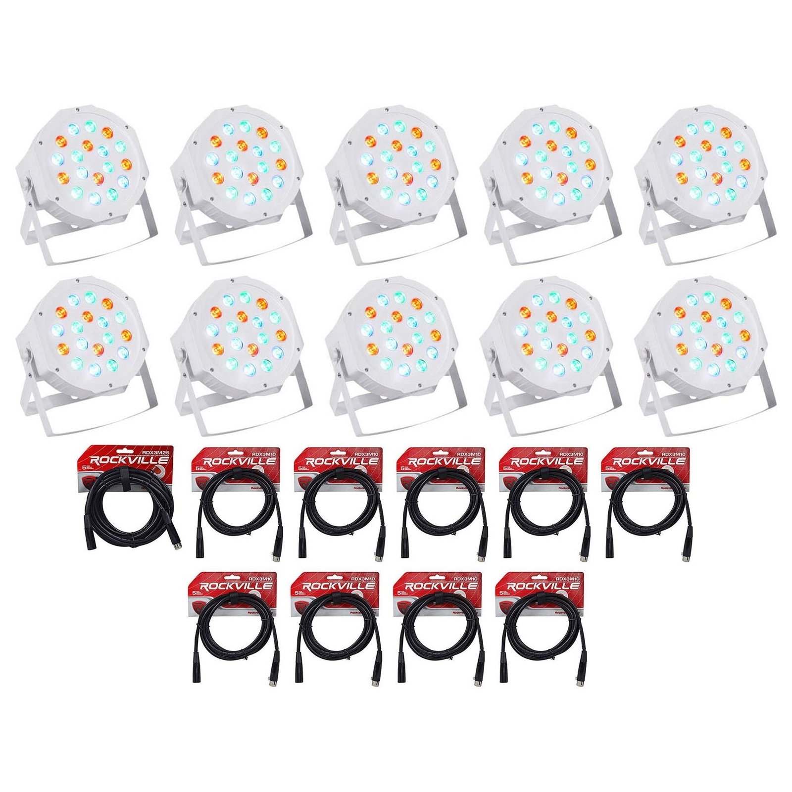 (10) Rockville RockPAR50 WHT LED RGB Par Can DJ/Club DMX-подсветка для промывки + кабели