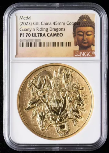 NGC PF70 China 2022 Nine Dragons Guanyin commemorative Gilt medal 40mm Thickened