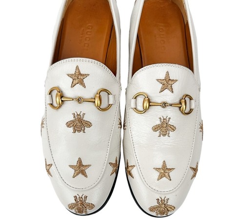 Mocasines planos de cuero GUCCI Jordaan 35,5 blancos abeja y hebilla bordada estrella - Imagen 9 de 13