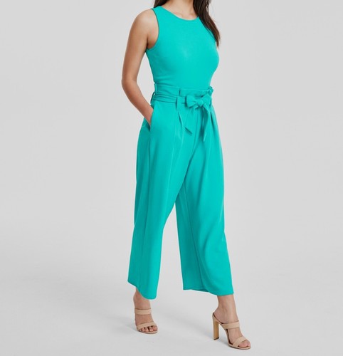 Bar III Women's Green Pleated Crewneck Self-Tie Jumpsuit Petite Size PP - Picture 2 of 3