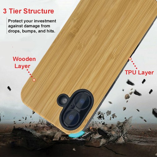 For iPhone 16 Wood Case Hybrid Shockproof TPU Wooden Protector - Picture 21 of 24