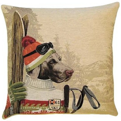 WEIMARANER DOG SKIER 18" BELGIAN TAPESTRY CUSHION PILLOW COVER WITH ZIP, 5233 - Picture 1 of 4