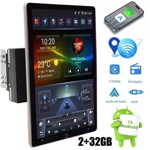 Double 2DIN Rotatable 10.1" Android 13 Touch Screen Car Stereo Radio GPS Wifi BT