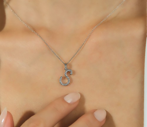 14K SOLID WHITE GOLD DIAMOND INITIAL NECKLACE, SCRIPT LETTER S NECKLACE - Picture 2 of 2