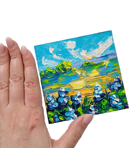 Texas Bluebonnets Landscapes Oil Painting Miniature Original Art 4x4in - Picture 6 of 8