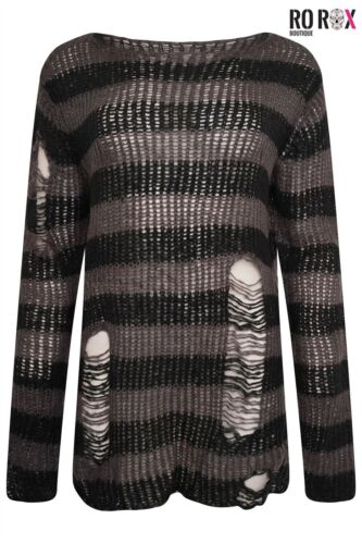 90's Oversized Striped Gothic Grunge Jumper - Chunky Knitted Distressed Sweater - Picture 9 of 39