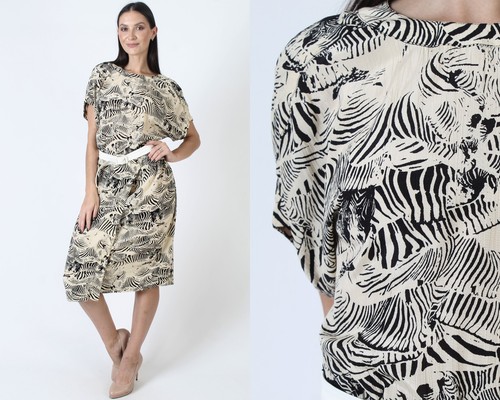 Vintage Liz Claiborne Animal Print Dress Zebra Striped Casual Wear To Work Midi - Picture 1 of 6