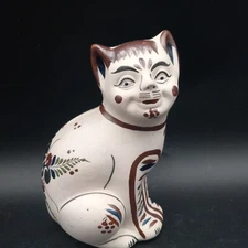 Vintage Tonala Pottery Hand Painted Mexican Folk Art Seated Cat Figurine  5 x 7"