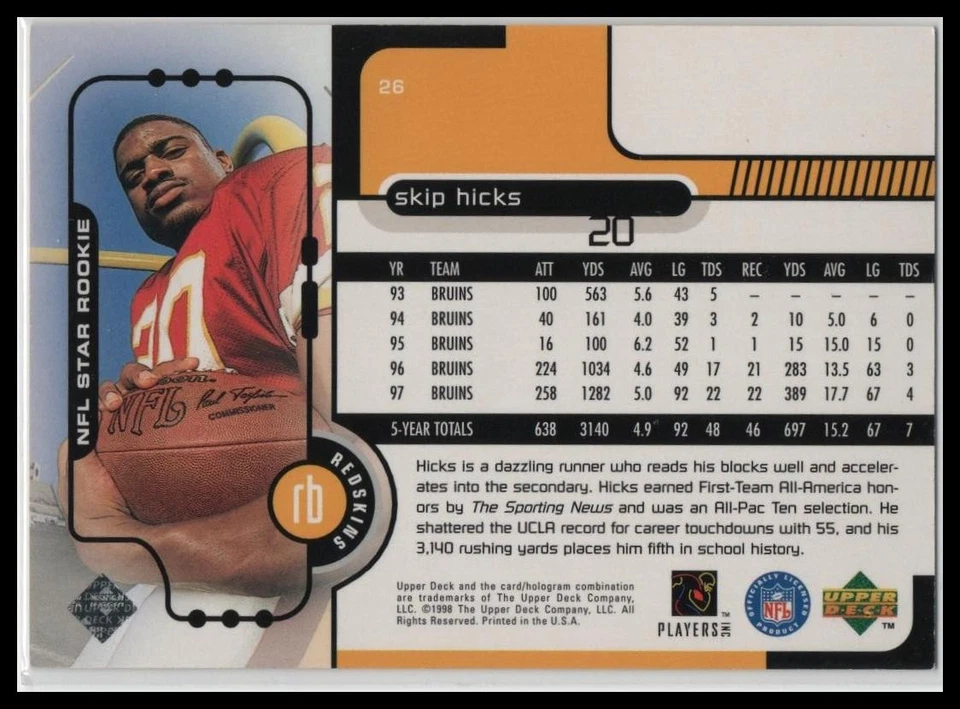 1998 Upper Deck #26 Skip Hicks - Image 2 of 2