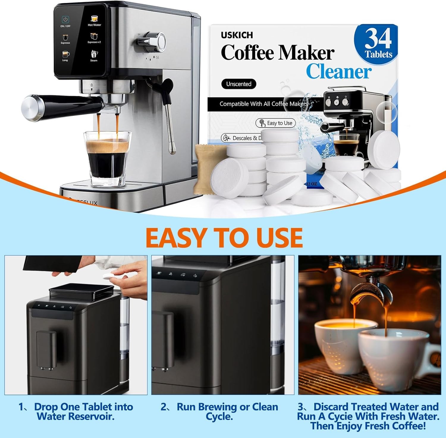 Coffee Machine Cleaner Descaler Tablets 34 Pack, Coffee Maker Cleaner for Keurig