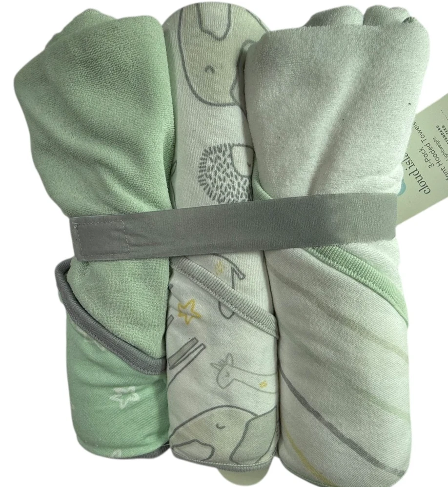 New NWT Cloud Island Three Pack Infant Hooded Towels. White Light Mint Green