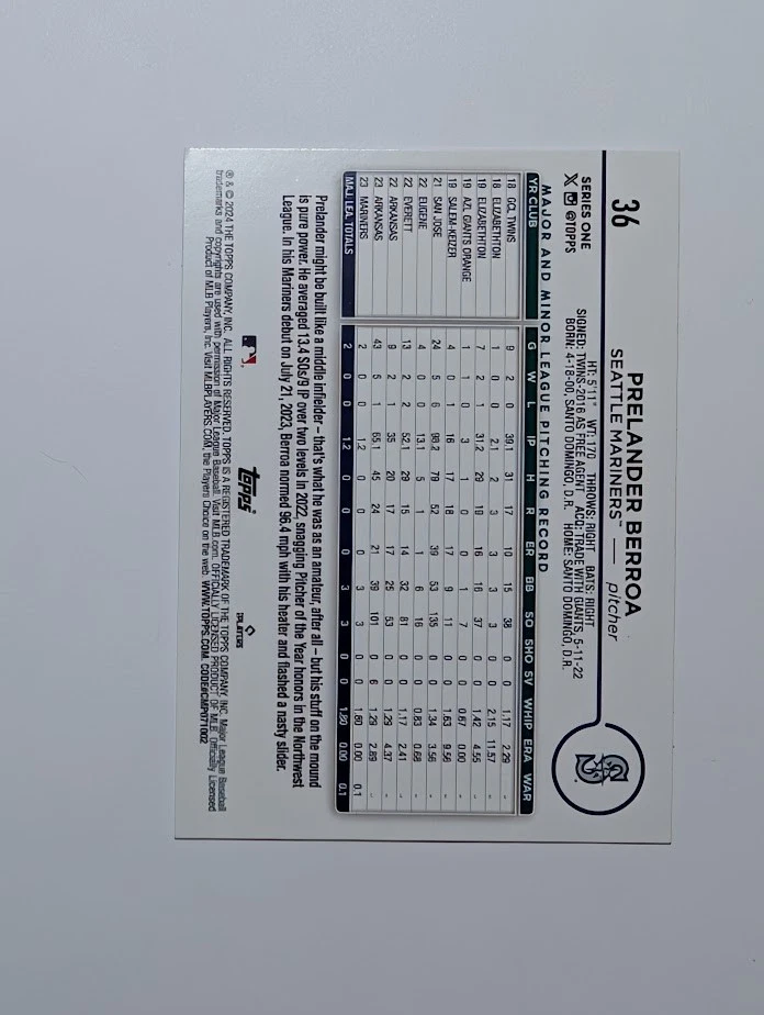 2024 Topps Series 1 Prelander Berroa RC Rookie #36 Seattle Mariners - Image 2 of 2