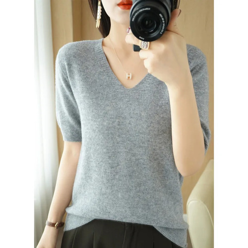 Mujeres Suéteres Mangas Cortas Cuello en V Camisa Camel Pullovers Jerséis - Imagen 29 de 35