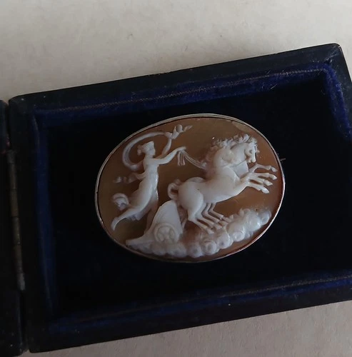 antique Cameo Brooch Carved Shell Silver gilt mount Aurora goddess chariot
