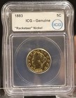 Rare 1883 Liberty V "Racketeer" Nickel Type 1 No Cents Icg Genuine Gold Plated