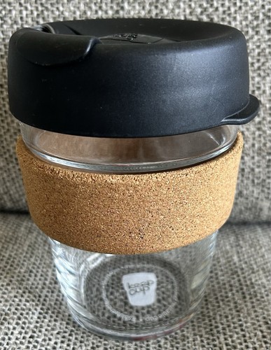 KEEP CUP 12oz 340ml Black Lid Glass Cup w Cork Sleeve - VG - Picture 1 of 6