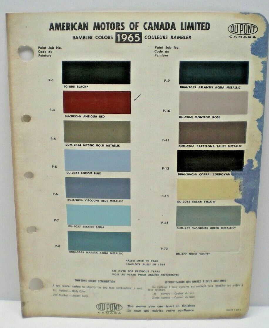 1965 AMERICAN MOTORS OF CANADA RAMBLER CAR COLOR DUPONT PAINT CHIP CHART