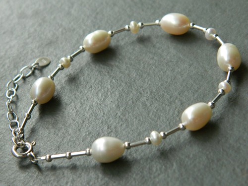 Elfenbein Weiß Oval Perle Träne Tropfen Süßwasserperlen & 925 Sterling Silber Armband - Bild 5 von 11