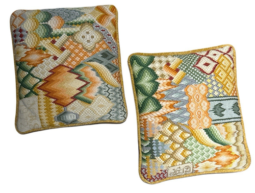 Vintage 70s Bargello Needlepoint Pillow Pair Velvet Back Multicolor