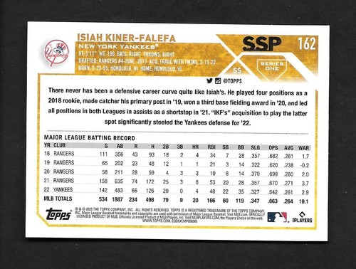 2023 Topps Series 1 ISIAH KINER-FALEFA  Super Short Print SSP -NY YANKEES- #239 - Picture 2 of 2