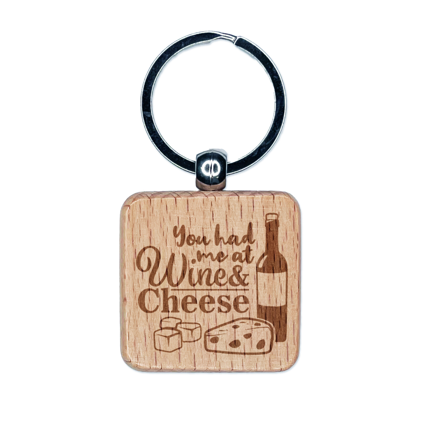 Wine and Cheese Engraved Wood Keychain Gift Tag Charm