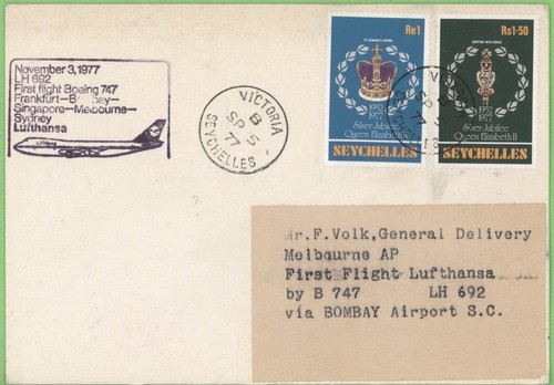 Seychellen 1977 Lufthansa Boeing 747 First Flight Cover Bombay - Australien