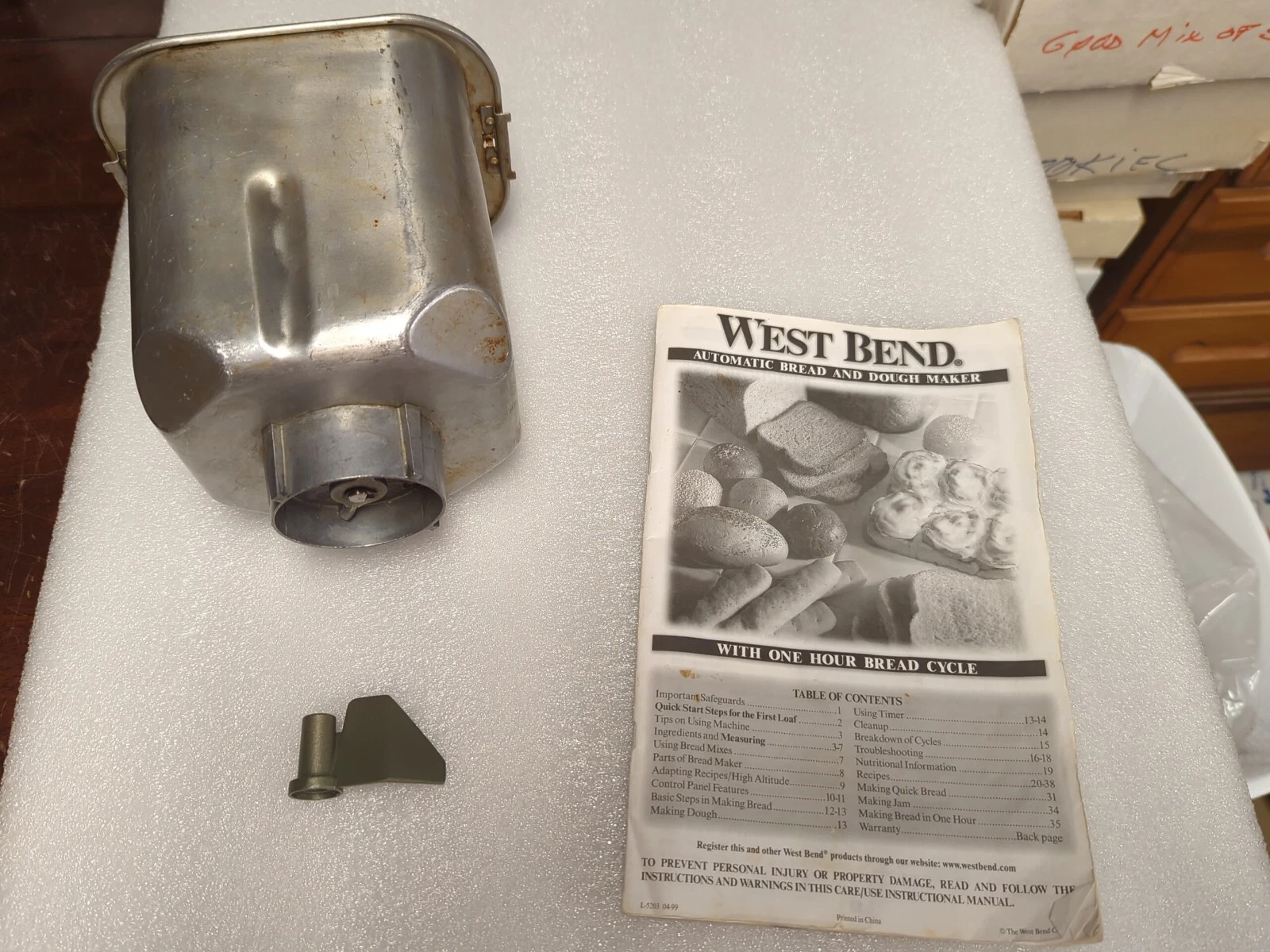 West Bend Bread Maker Bread Pan, Knead Bar, And Manual