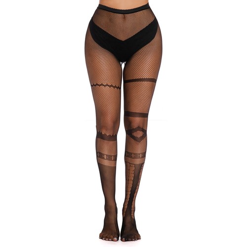 Womens Black Barbed Wire Fishnet Patterned Tights Gothic Lace Goth UK 6-16 - Picture 3 of 9