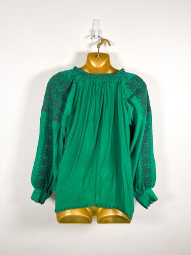 Rose And Rose Top Blouse Womens XS Green Balloon Sleeve Embroidered Boho Shirt - Picture 3 of 13