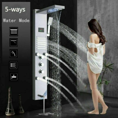 ELLO&ALLO Shower Panel Tower System Brushed Nickel LED Rainfall Massage Jets Tap