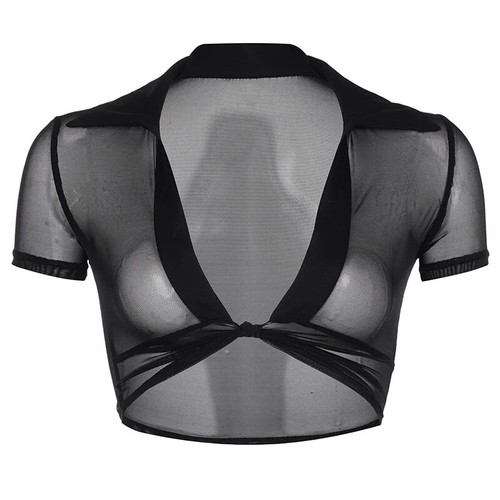 Camiseta corta CIBBAR de malla transparente manga corta dividida transparente para mujer - Imagen 2 de 12