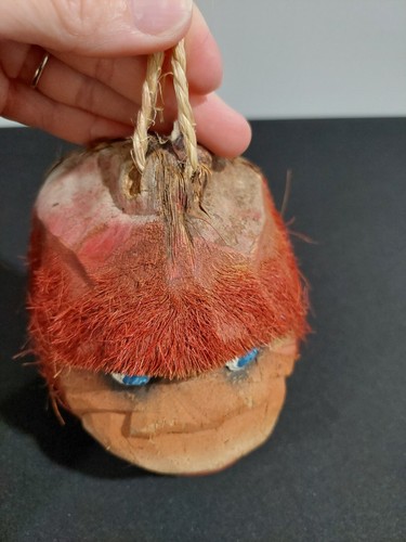 Hand Carved Coconut Gorilla Head Monkey Face Folk Art Wall Hang Red Hair - Picture 11 of 11