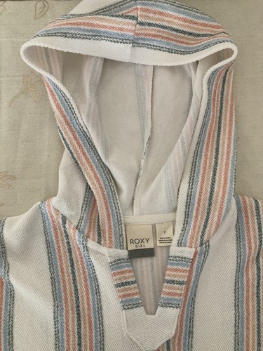 Roxy Girl Call Of The Ocean Poncho Hoodie Size 7 White Orange Blue/Striped - Picture 5 of 8