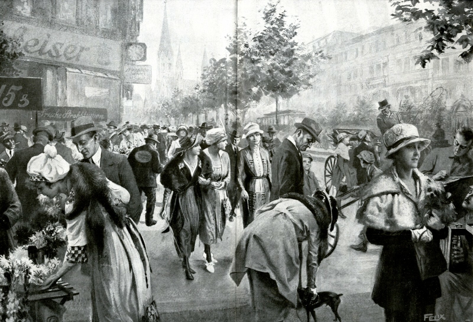 Tauentzien street in Berlin XXL 1919 art print flower stand dogs promenade
