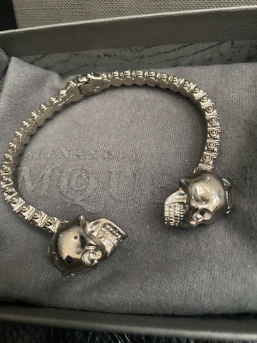 Alexander McQueen Bracelet Bangle Silver Twin Skull Brass Zirconia Stone Used!!! - Picture 8 of 9
