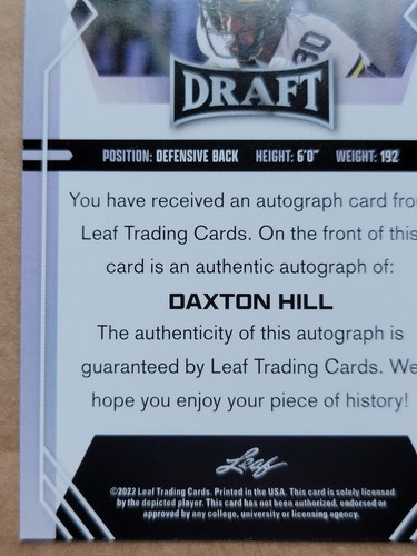 Daxton Hill 2022 Leaf Draft Rookie Blue Autograph Football Card BA-DH1 - Picture 9 of 10