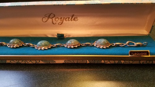 Vintage Royale Silver & Turquoise? bracelet original fabric covered case 50+ yrs - Bild 3 von 10