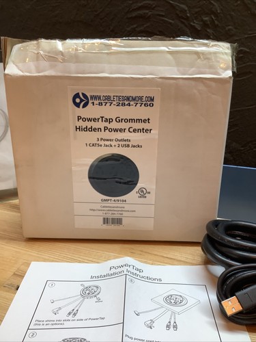 Power Tap Grommet with Hidden Power Center w/ 3 Power & 1/Cat5E + 2 USB Jacks - Picture 12 of 15