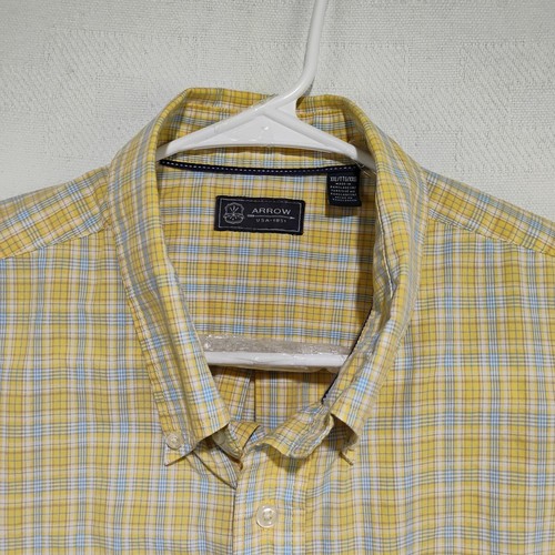 Camisa con botones Arrow para hombre 2XL amarilla a cuadros manga corta bolsillo logotipo - Imagen 2 de 5
