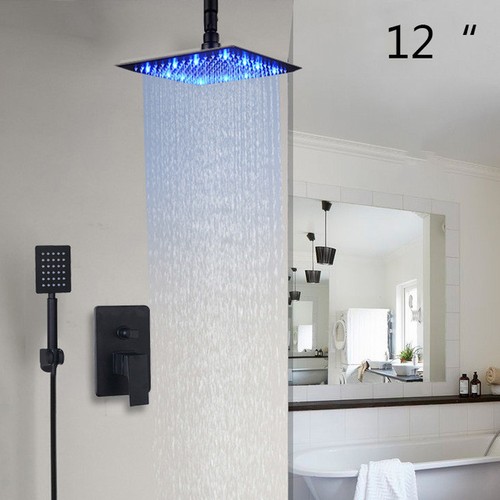 8"/12"/16" Black Wall Mount LED Rainfall Shower Head Hand Spray Mixer Faucet Tap - Picture 3 of 8