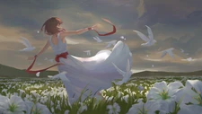 Anime Girls Flowers Birds Dress Sun Dress Brunette  Gaming Mat Desk 48026