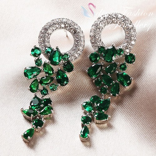 18K White Gold GP Made With Swarovski Crystal Elegant Green Chandelier Earrings - Picture 5 of 5